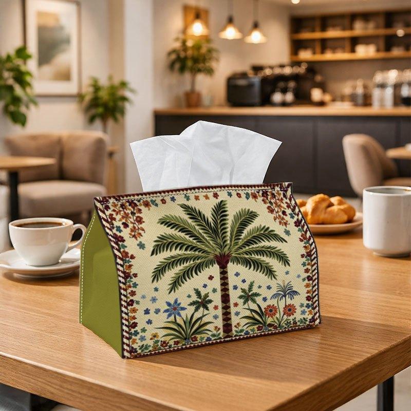 1-Pack Tissue Box Holder, Tropical Folk Design - Palm Tree Floral, Durable Polyester Material, Multi-Functional Napkin Dispenser, Suitable for Home, V