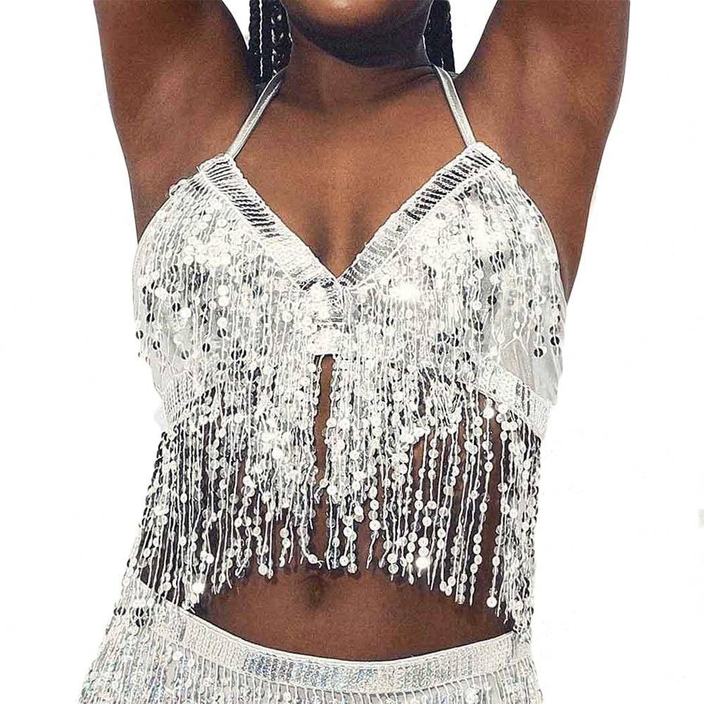 Shiny Performance Top Tassel Halter Bra Charming Dance Wear Festivals
