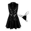 Black Women Ladies Leather High Collar Sleeveless Bottom Flare Mini Dress Clubwear #S-4XL
