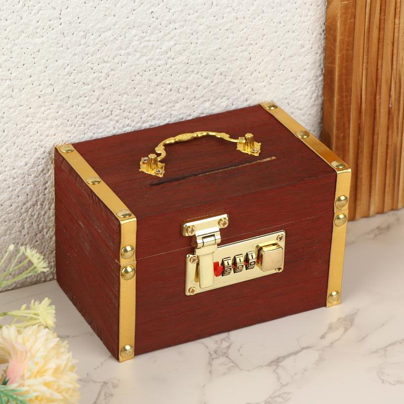Wooden Combination Lock Piggy Bank Secure Box for Kids Savings Portable Treasure Storage Box with 3 Digit Lock for Home Gift