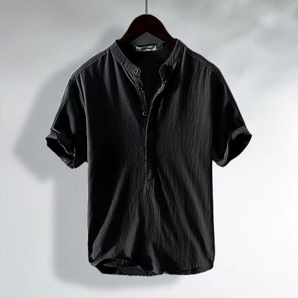 Men's Casual Stand Collar Pullover Shirt Retro Thin Cotton Linen T-shirt Top