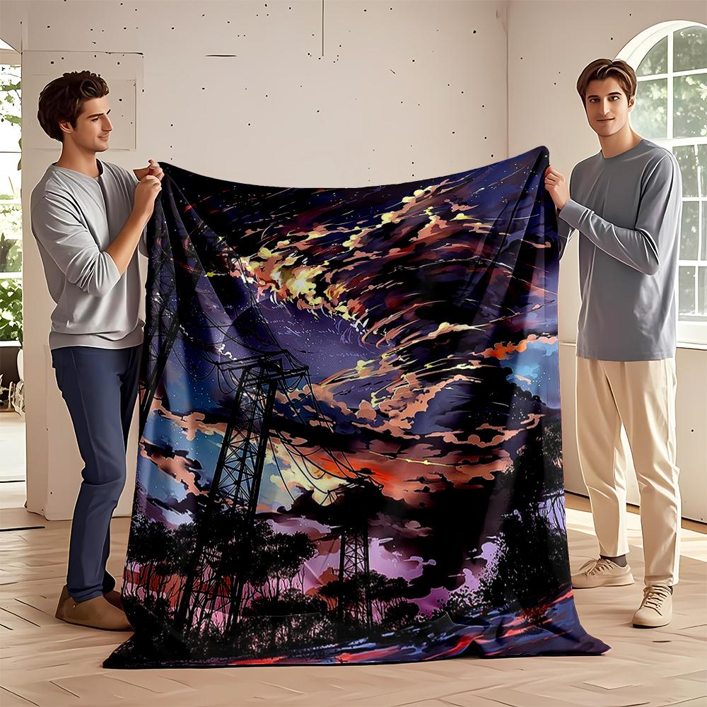 Stormy Sky Illustration with Power Lines Flannel blanket for bedroom, living room, sofa, and nap sofas