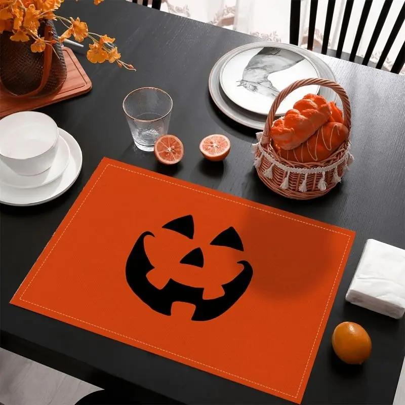 1PC Halloween Table Linen Dining Mats Coasters Orange and Black Pumpkins Non Slip Heat Resistant Kitchen Placemats