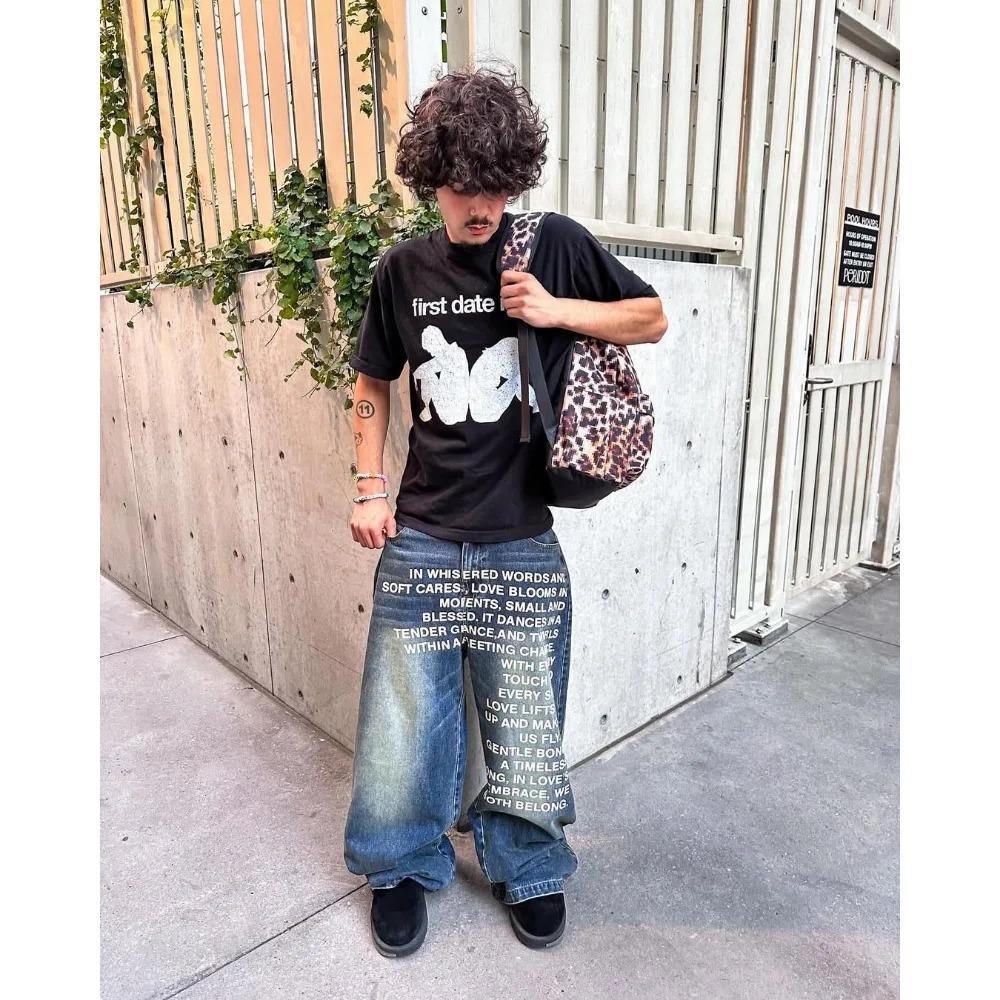 Джинсы RogueWave Y2K Винтажные Джинсы с Американским Узором и Буквами Уличная Одежда Готика Харадзюку Хип-Хоп Мужчины Женщины Мода Повседневные Джинсы Широкие Штанины