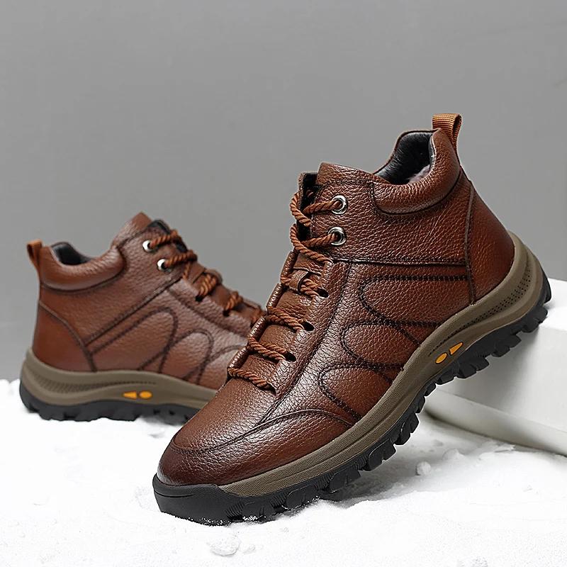Fashion Italian Genuine Leather Men Casual Shoes Luxury Brand Fashion High Top Sneakers Shoes Winter Warm Men Outdoor Non-Slip Boots