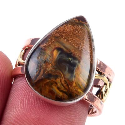 Кольцо из двухцветного серебра 925 пробы с натуральным драгоценным камнем Питерсит, ручной работы, размер 7 g3U41