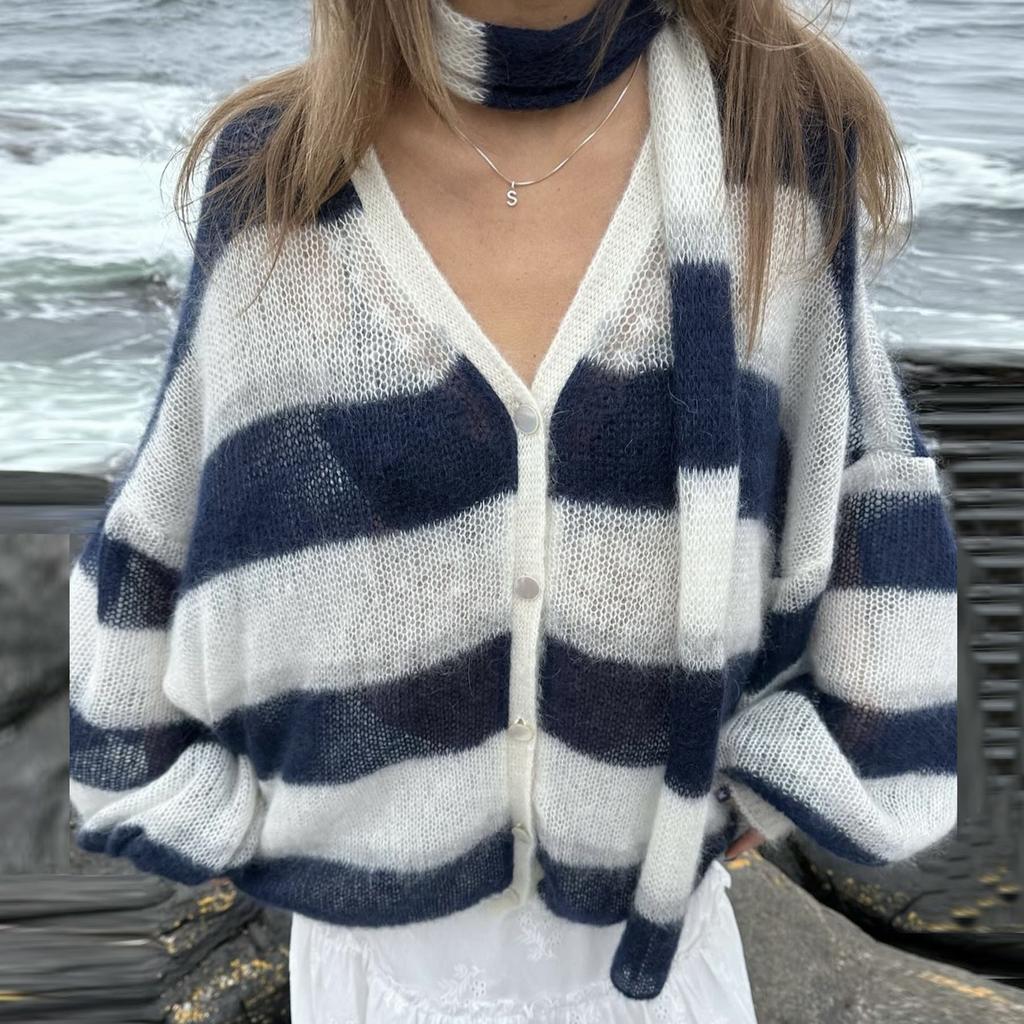 Women's Autumn and Winter Loose Striped Casual Cardigan Sweater
