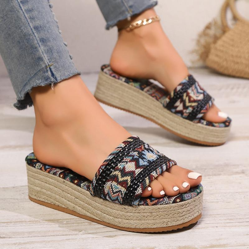 Women's Slope Heel Sandals Summer New Round Head Open Toe Cloth Surface Thick Sole Anti-slip Wear-resistant Slippers