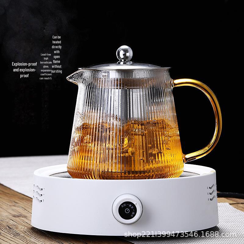 Стеклянный чайник с вертикальным узором, устойчивый к высоким температурам, и фильтром из нержавеющей стали для заваривания ароматизированного чая