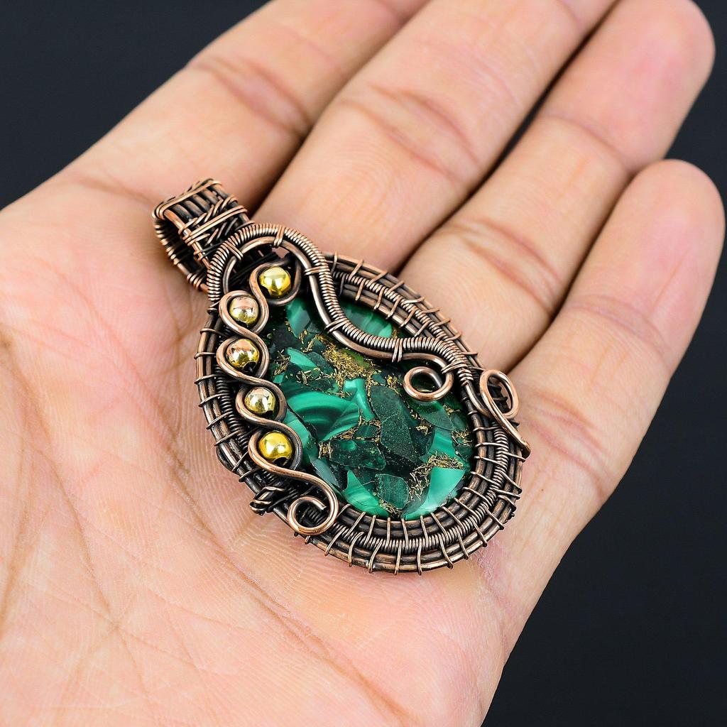 Copper Malachite Gemstone Pure Copper Wire Wrapped Handmade Pendant Jewelry