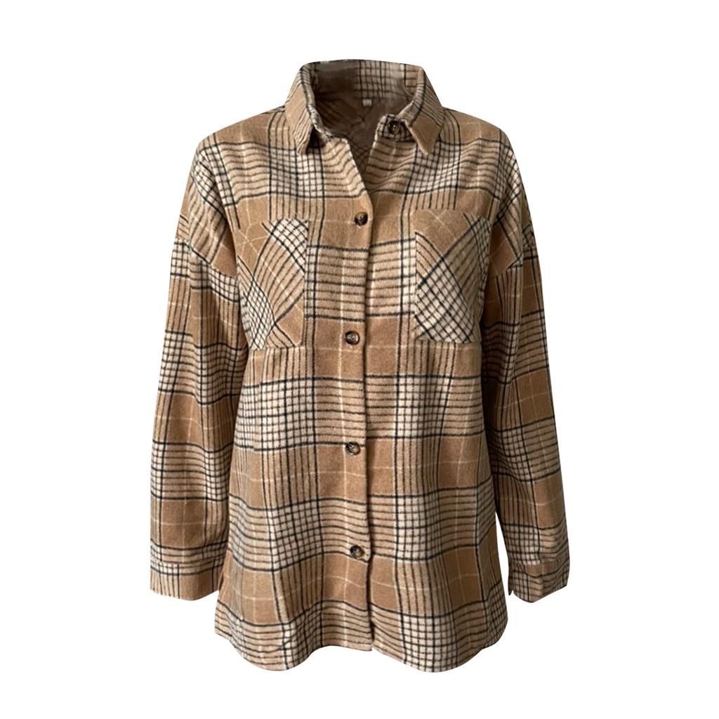 Женская куртка с длинным рукавом, повседневное пальто, блузка с лацканами и карманом, клетчатый принт, кардиган на пуговицах