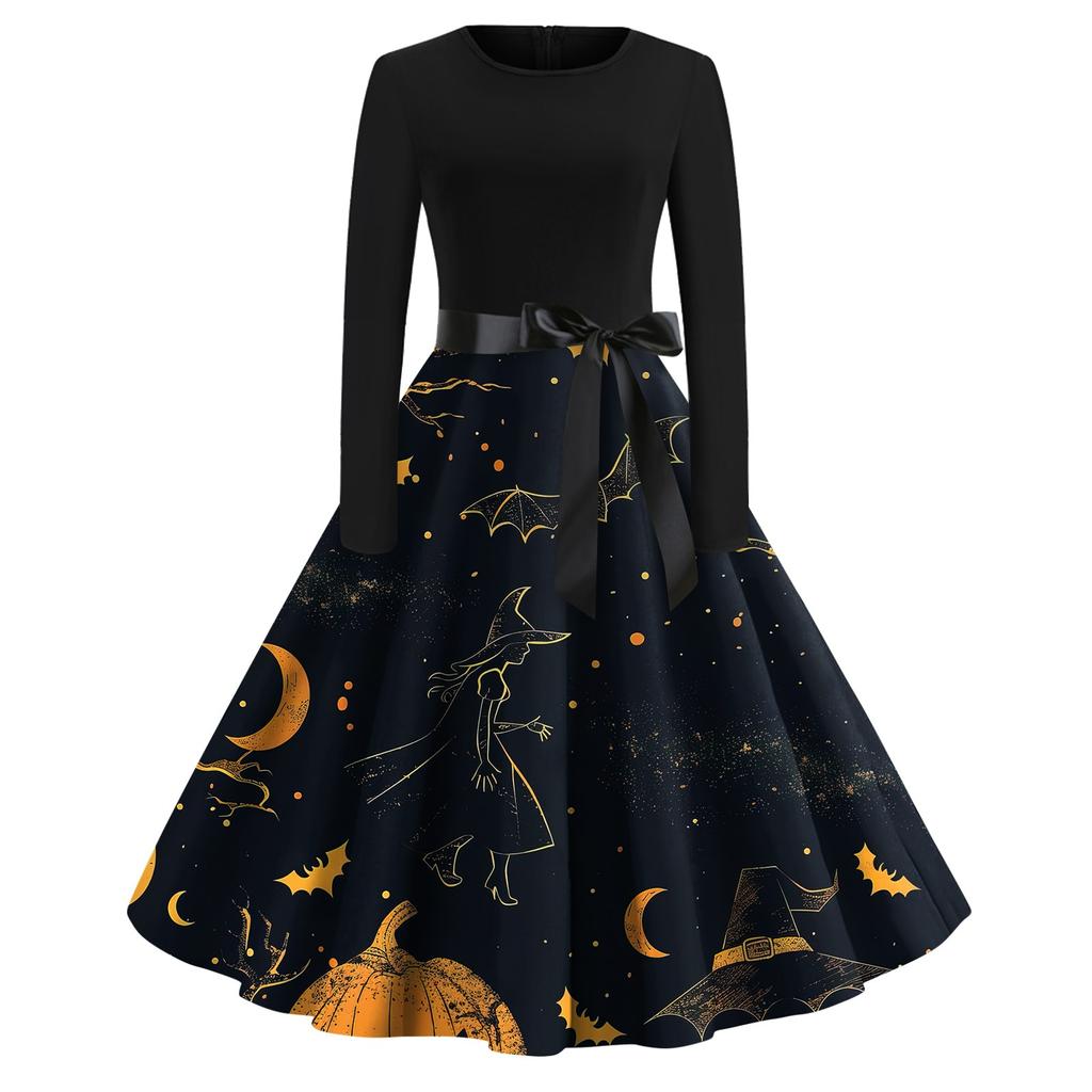 Платье-клеш с принтом на Хэллоуин для женщин с длинным рукавом, повседневные платья с круглым вырезом и ажурной отделкой