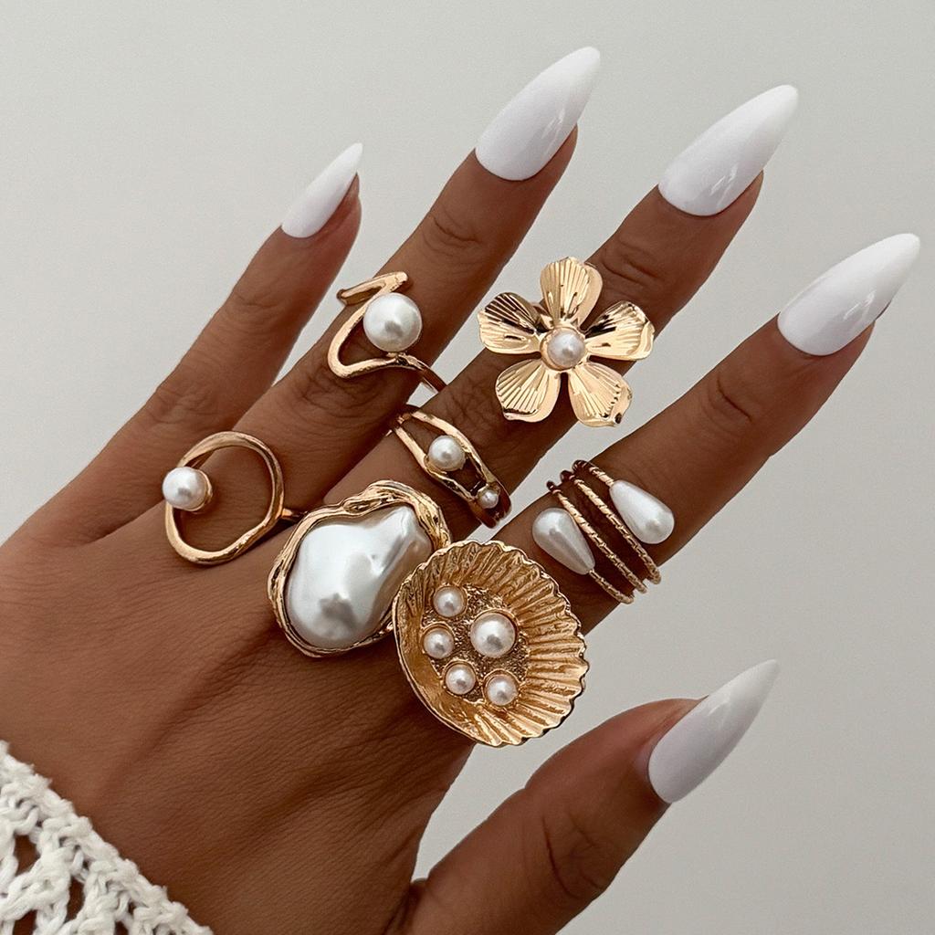 7Pcs/Set Vintage Irregular Imitation Pearl Rings for Women Fashion Geometric Metal Flower Rings Set Bohemian Jewelry Accessories