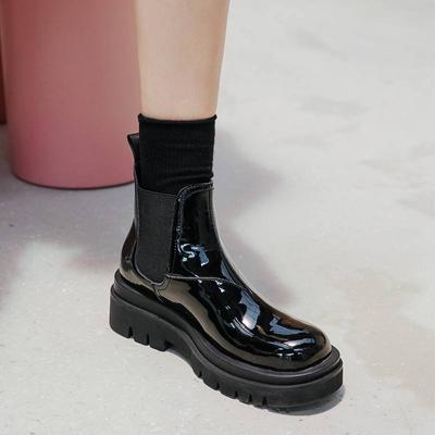 Зимние мотоциклетные ботинки из коровьей кожи с круглым носком на среднем каблуке, женские ботильоны без шнуровки на платформе, большой размер 43