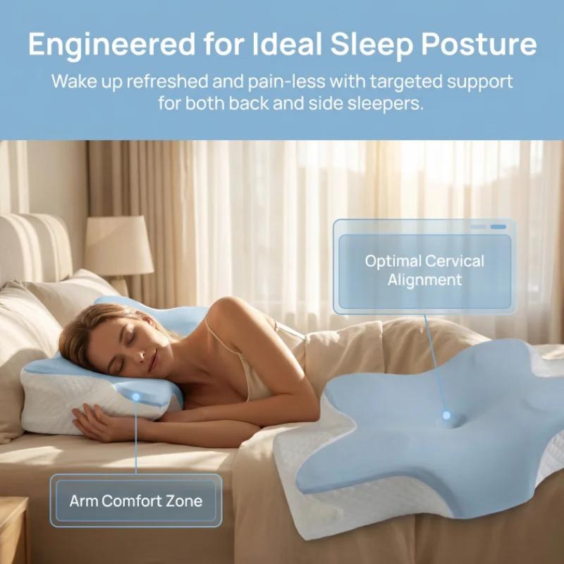 Blue Cooling Butterfly Memory Foam Cervical Pillow Slow Rebound Neck Pain Relief for Side Back Stomach Sleepers