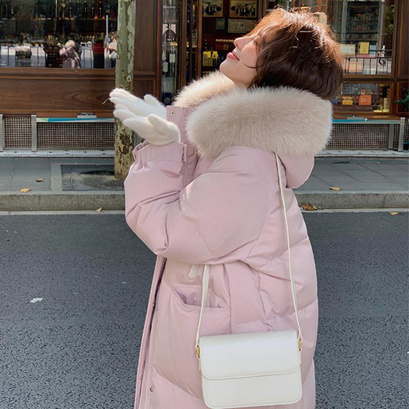 2024 New Hooded Thickened Mid-length Large Fur Collar Down Cotton Jacket Women's Thin Jacket Winter Hooded Puffer Jackets Outerwear Snow Wear Padded