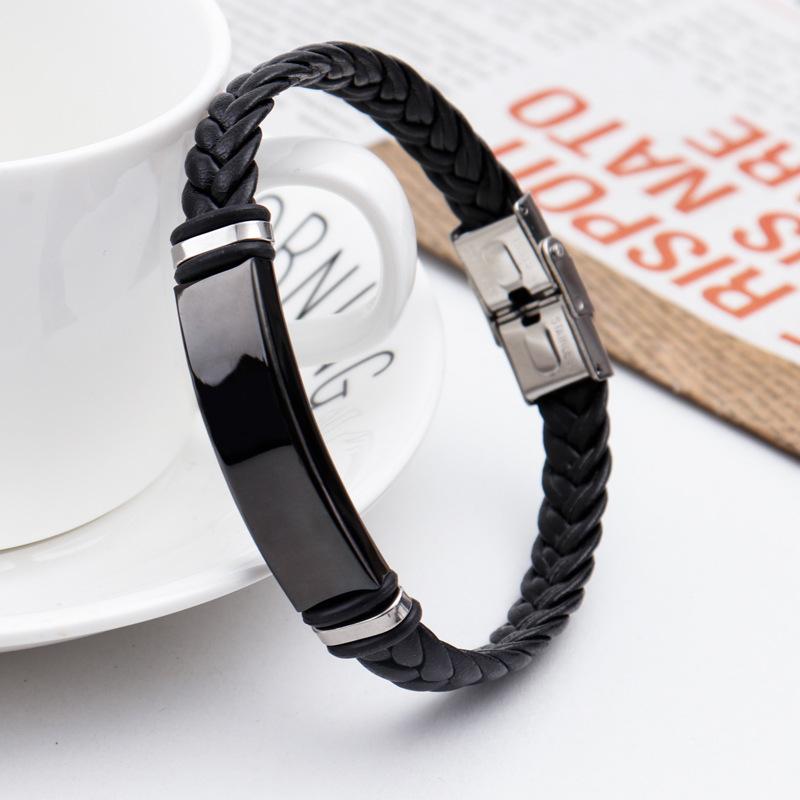 2022 Trendy Men Leatherwear Weave Bracelet Leisure Color Contrast Stainless Steel ID Bar Customize Engraving
