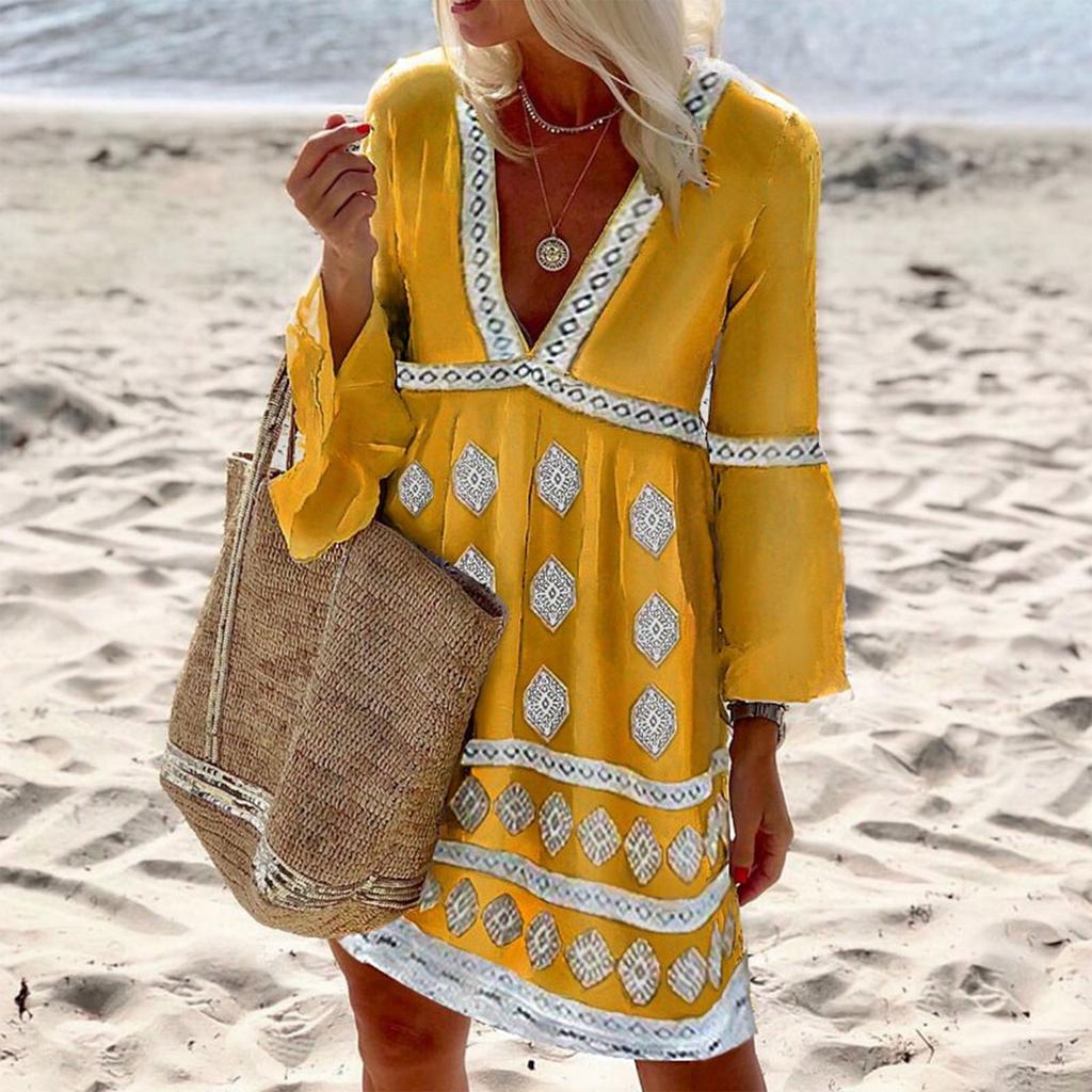 Женское модное повседневное платье с v-образным вырезом и принтом средней длины и рукавами три четверти