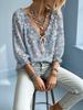 Women Colorful Tiny Floral Print V-Neck Tie Frill Puff 3/4 Sleeve Blouse, for City Walk and Vacation