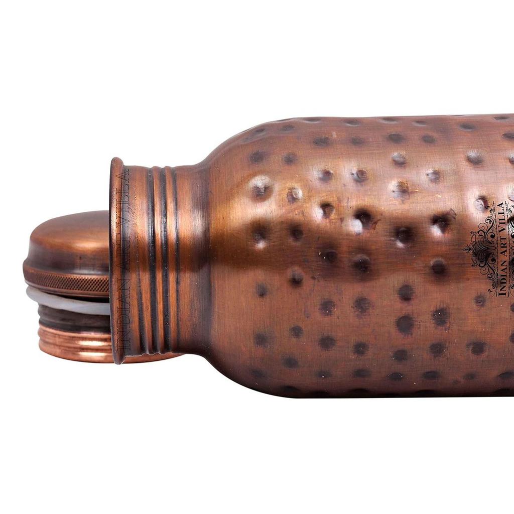 Pure Copper Water Bottle with Antique Dark Hammered Design, Drinkware, Storage Purpose, Volume-900 ML