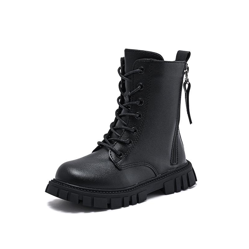 Зима 2025 Ботильоны Мартенсы для девочек с бархатом, кожаные в стиле принцессы для маленьких и больших детей