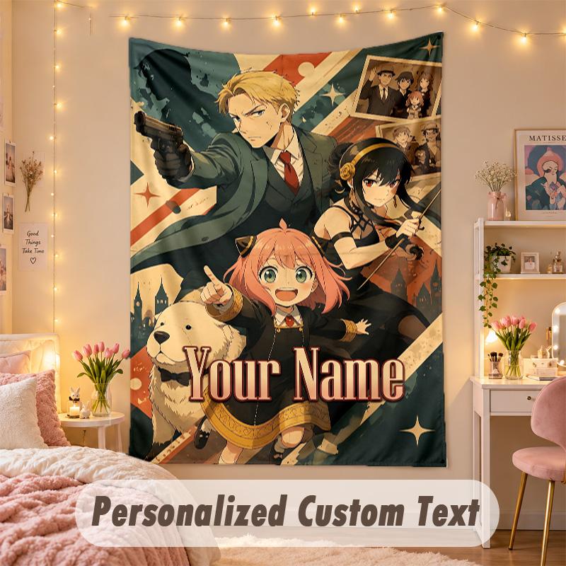 Custom Personalized Tapestry,Spy × Family Print Custom Name Text Wall Art Hanging for Bedroom