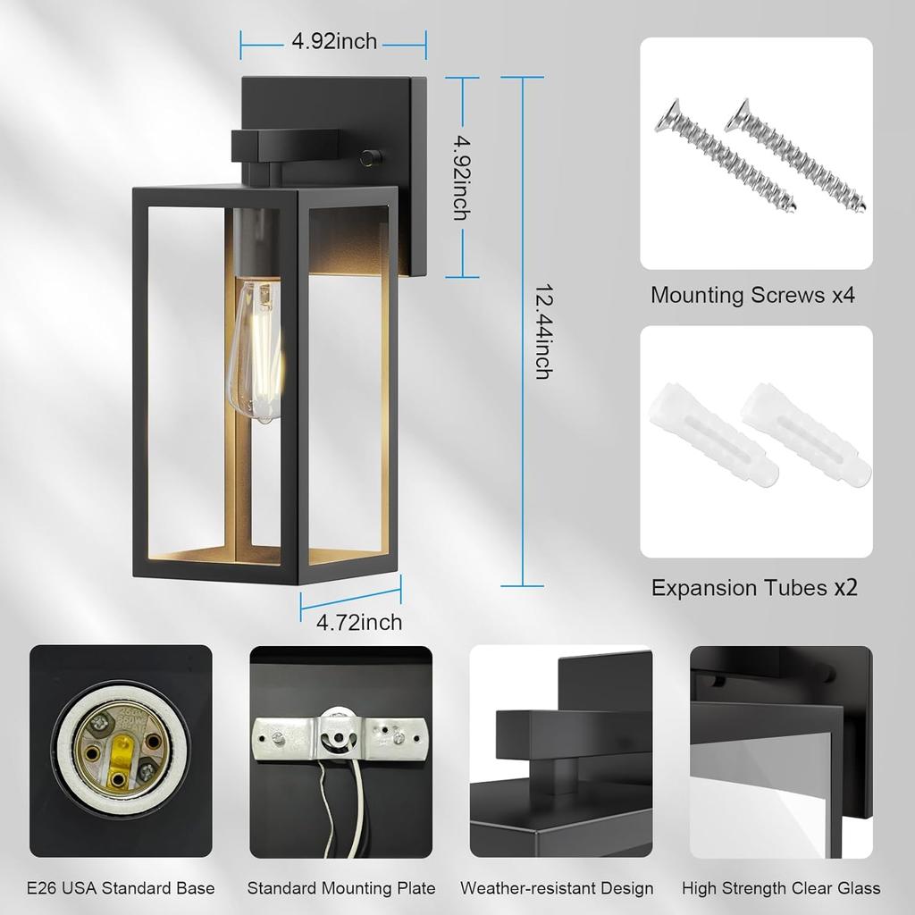 Outdoor Porch Wall Light, Waterproof Lantern with Frame and Clear Glass Shade, Modern Wall Light for Patio Entrance Corridor