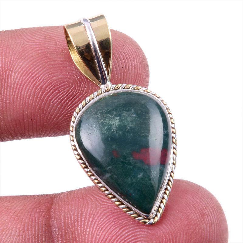 Natural Bloodstone Gemstone 925 Solid Sterling Silver TwoTone Pendant 1.25" C7q58
