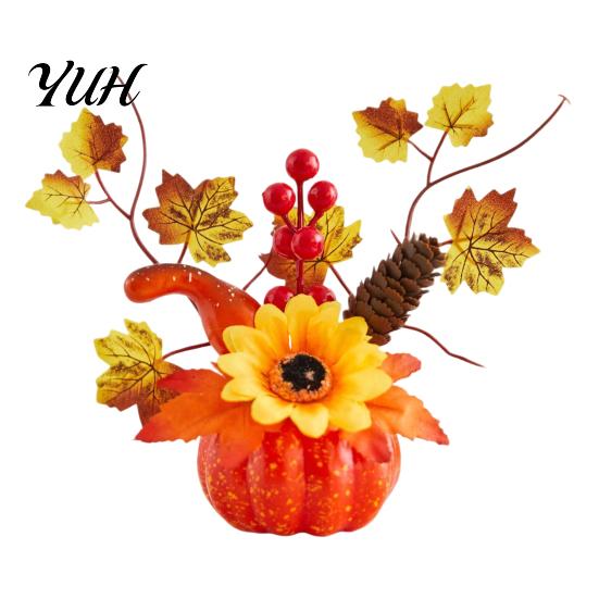 Reusable Festival Table Topper Fall Artificial Pumpkin Centerpiece, Autumn Fake Decoration with Sunflowers, Realistic Thanksgiving Props Maple Leaves