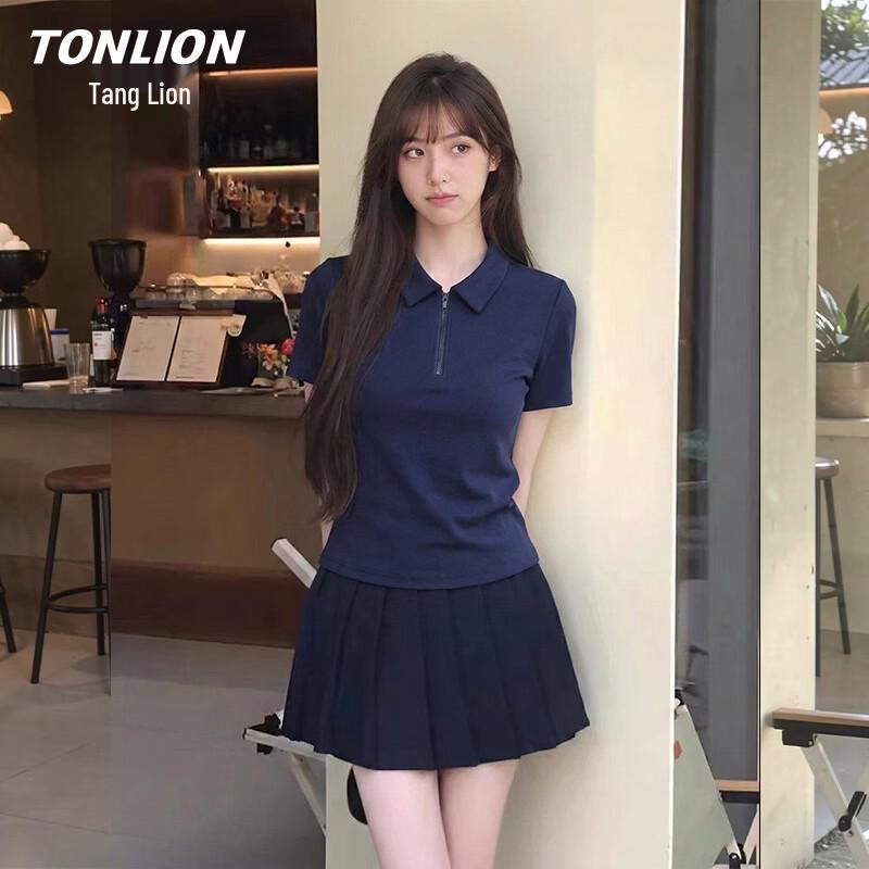 Женская плиссированная облегающая футболка-поло с коротким рукавом TonLion