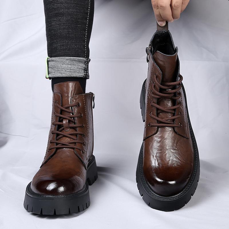 Уличные мужские повседневные ботинки из коровьей кожи, роскошные ботинки из натуральной кожи с круглым носком в британском стиле на платформе с толстой подошвой, зимние новые теплые ботинки по щиколотку