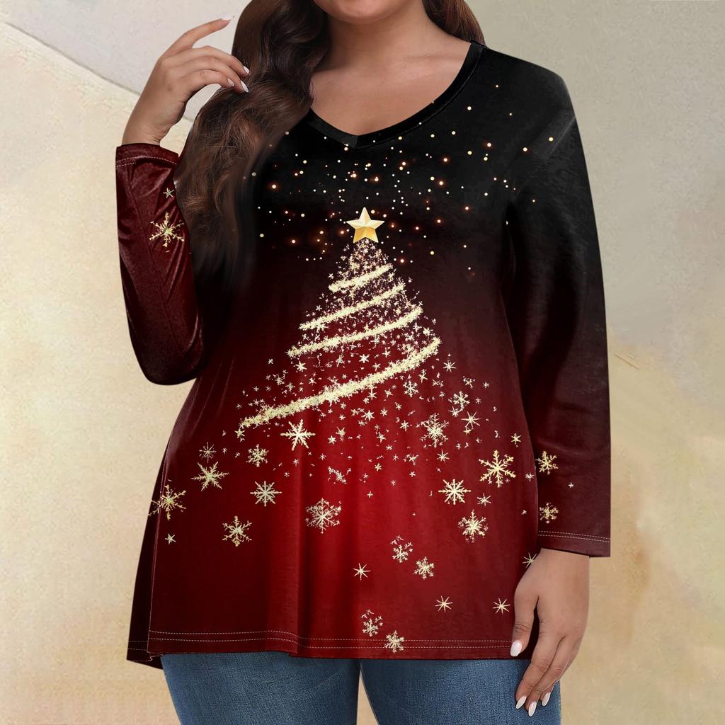 Женские топы больших размеров с длинным рукавом и принтом, рубашки с V-образным вырезом, повседневная одежда, топы