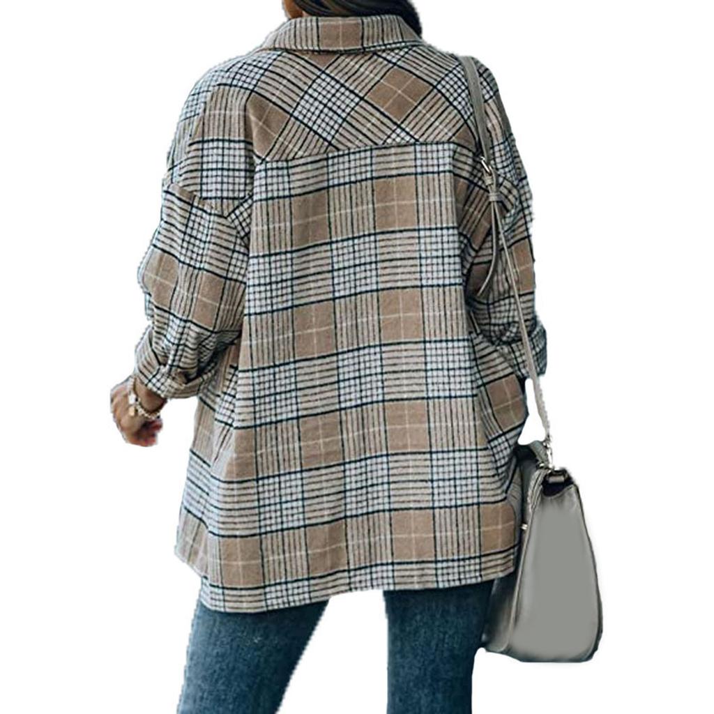 Женская куртка с длинным рукавом, повседневное пальто, блузка с лацканами и карманом, клетчатый принт, кардиган на пуговицах