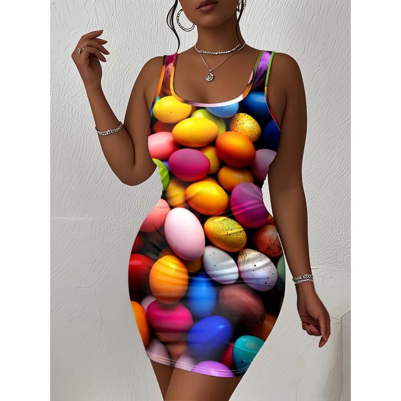 Womens Sleeveless Bodycon Midi Dress With 3D Print Breathable Lightweight Casual Office Wear