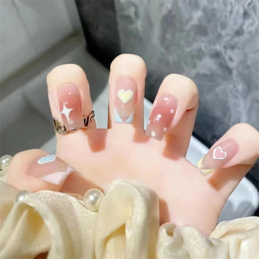 24Pcs French Long Ballet Square Fake Nails Handmade Removable Press On Acrylic Nail Art Tips