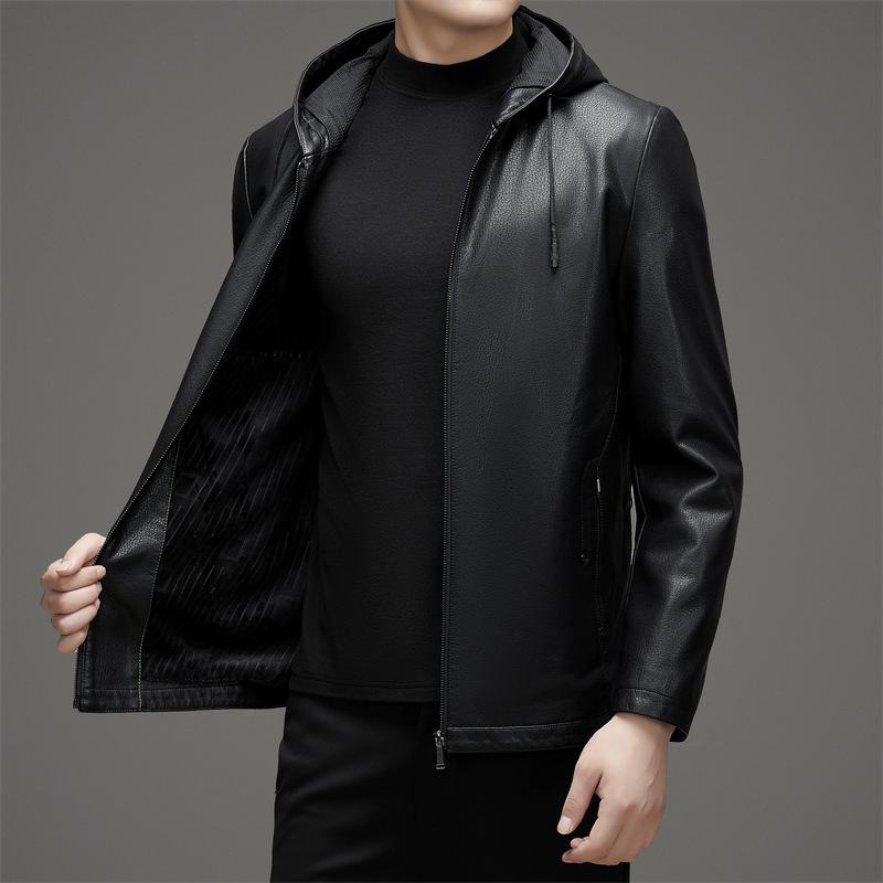 Новая куртка из натуральной кожи, куртка из овчины для людей среднего возраста, осень и зима, новая повседневная универсальная куртка из бархатной кожи с капюшоном