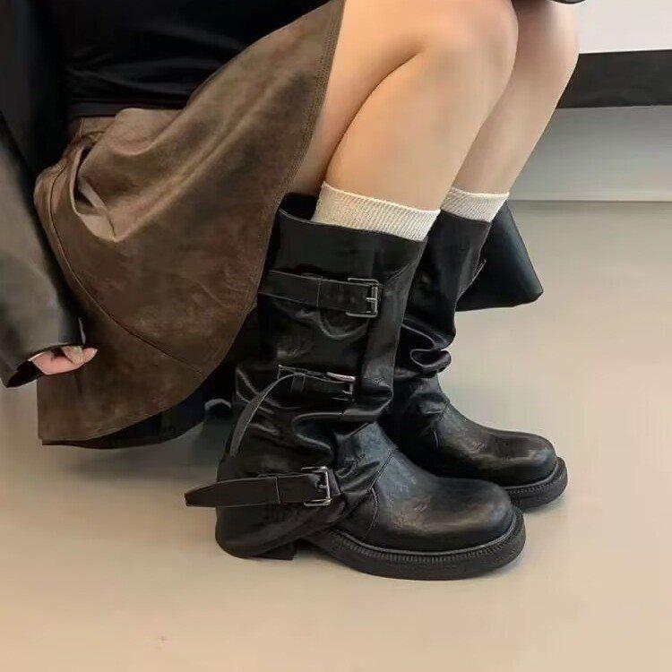 Autumn and winter belt buckle new boots boots thick heel warehouse tube belt buckle stack French retro round head Spice girl wrinkled and thin