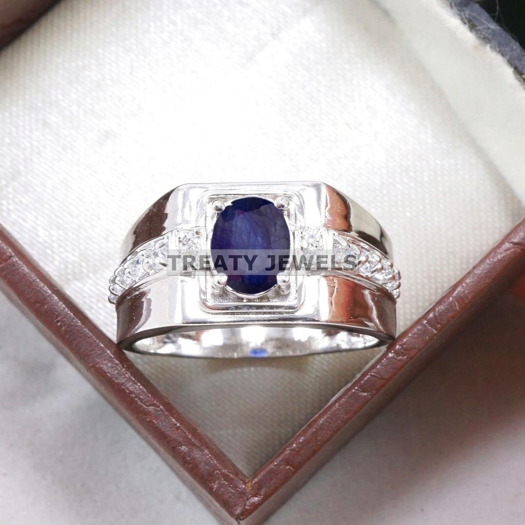 Blue Sapphire Oval Cut Gemstone With 925 Sterling Silver Ring For Men's #B607 JL375686497695