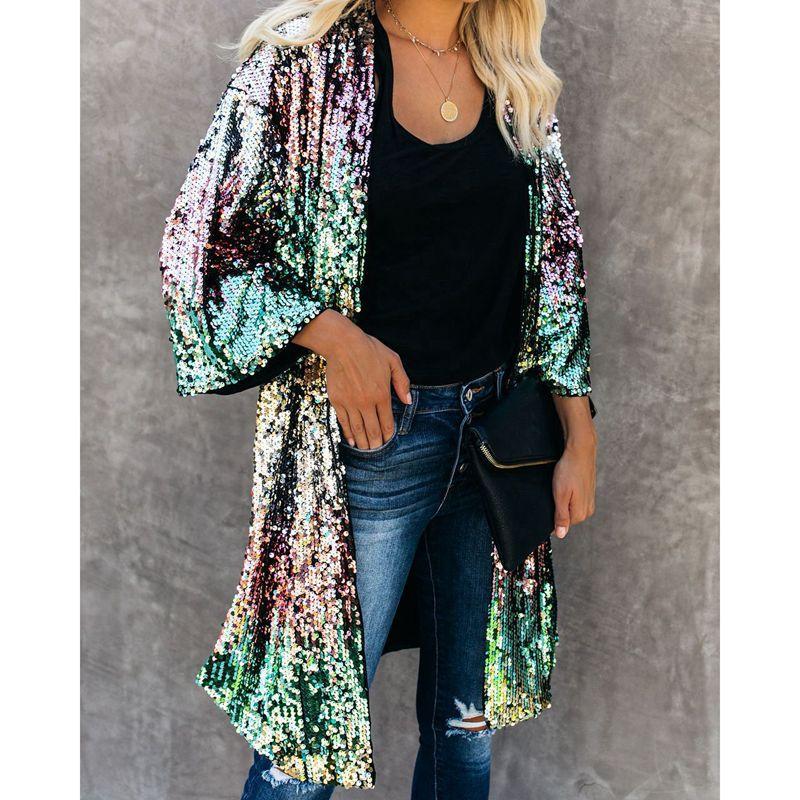 FASHION Cardigan Coat Classic Sleeve Skin-touch Gown Cape Daily Clothing Women Shiny Sequins Mid-length Cape Jacket Women Coat