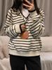 2025 Autumn/Winter Women's Loose Knit V-Neck Sweater - Korean Style Color Block Stripes