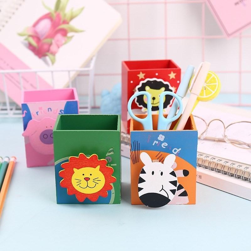 Cartoon Wooden Pen Holder Square Animal Desk
