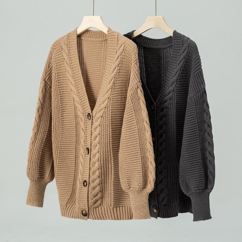Autumn and Winter Women's Plus Size V-neck Sweater Loose Casual Lantern Sleeve Twist Knitted Cardigan