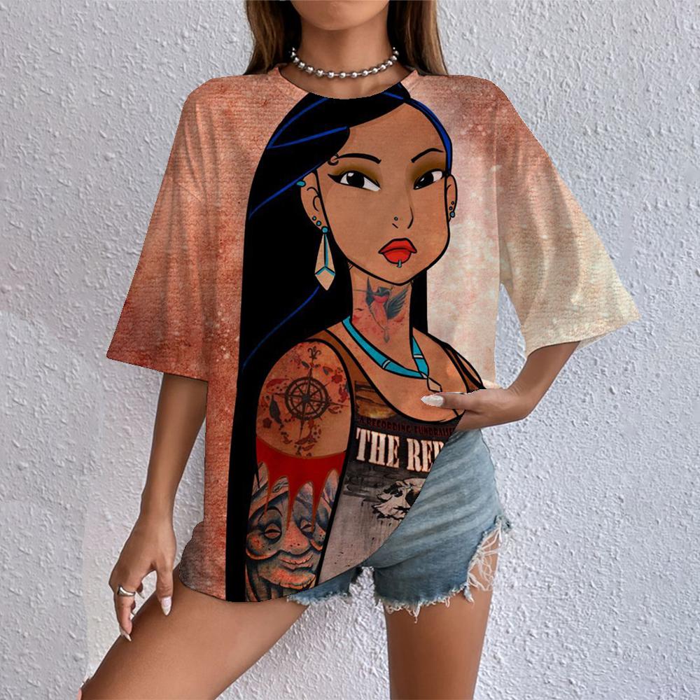 Женская футболка с мультяшным принтом Disney 2025, летняя футболка с коротким рукавом с принтом принцессы, повседневный топ в стиле Харадзюку с круглым вырезом