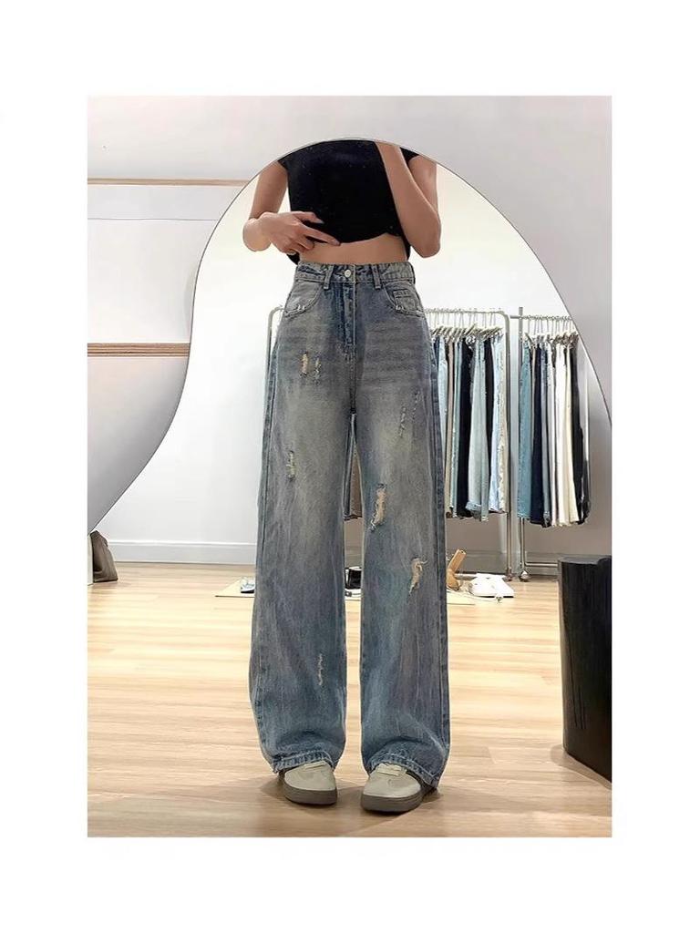 New Style Women's High-Waisted Light Ripped Jeans - Loose, Drapey, Floor-Length Wide-Leg Summer Pants