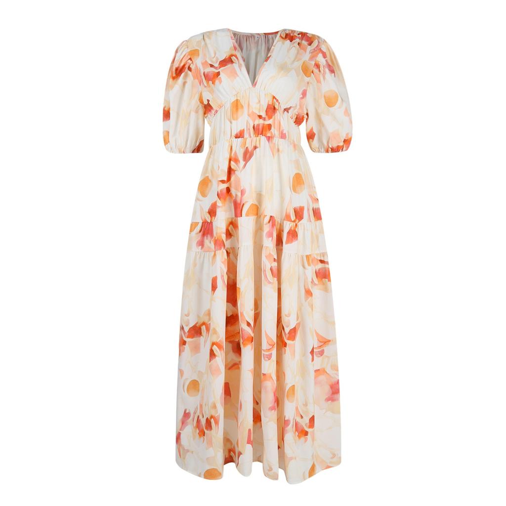 Women's Bohemian Floral Midi Smocked Beach Loose Casual Dress