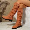 New Large Size Autumn and Winter Pleated Flat-bottomed Western Cowboy Boots Women's Belt Buckle Boots Thick Heel Thin Long Tube