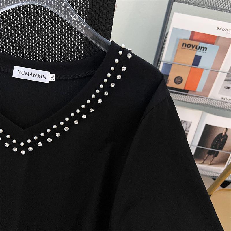 Свободная футболка с V-образным вырезом, средней длины, с короткими рукавами, для женщин, больших размеров