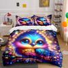 3Pcs Magical Rainbow Bird Bedding Set, Cute Fantasy Owl with Sparkling Eyes Print Duvet Cover + 2 Pillowcases, Kids room Decor