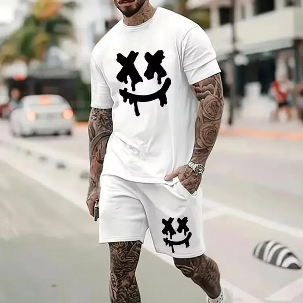 Летний уличный мужской костюм с короткими рукавами, повседневный, повседневный, модный, с короткими рукавами, для активного отдыха, спортивные шорты, новаторский полосатый принт