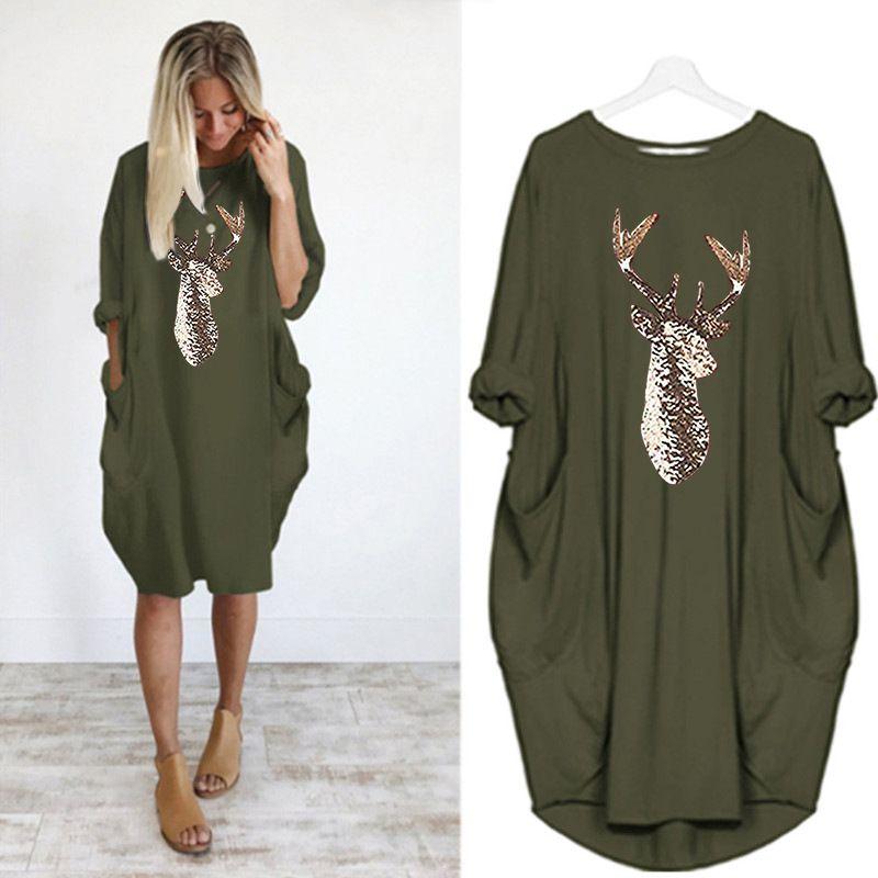 Women's Christmas Deer Pattern Printed Round Neck Dress With Full Sleeves And Stylish Design